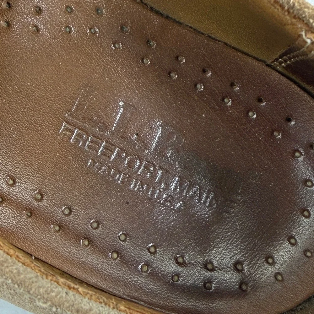 LL Bean Mens Suede Buck Oxfords Tan Brown Red Brick Sole Made‎ in USA 9.5